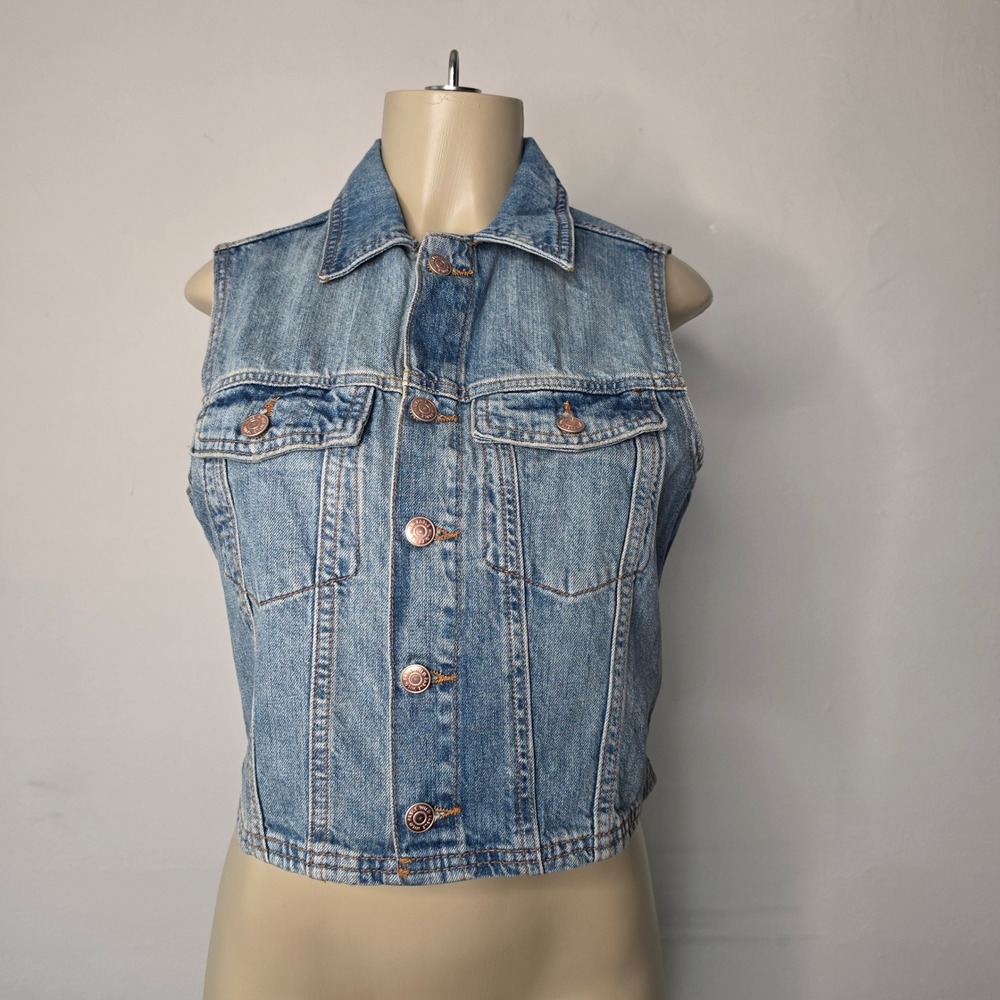 Wild Fable Vest Womens M Blue Denim Cropped Button Front Cotton Blend Festival